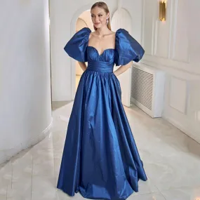 Abiti da ballo in raso blu A Line 2022 Abiti da ballo eleganti Sweetheart Piano Lunghezza Puffy Manica corta Backless Festa form