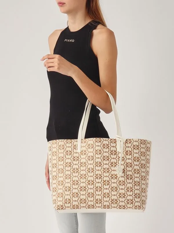 Borsa donna Pinko Carrie large in cotone e rafia jacquard Beige-Marrone