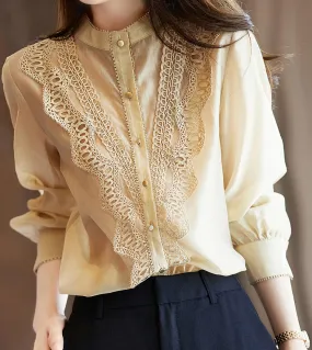 Colletto alla moda Elegante camicetta di pizzo albicocca Maglie a maniche lunghe autunnali Camicia primaverile Top semplici Abit