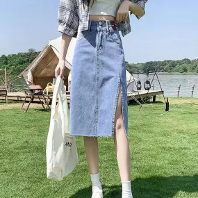Gonne di jeans Donna Spacco laterale Vita alta Moda Midi Sottile Estate Vintage Semplice Allmatch Stile giovane Vendita calda Qu