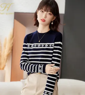 H Han Queen Autunno Inverno T-Shirt Basic KnittingTop Vintage Semplici Eleganti Strisce Larghe Donna Chic Manica Lunga Casual