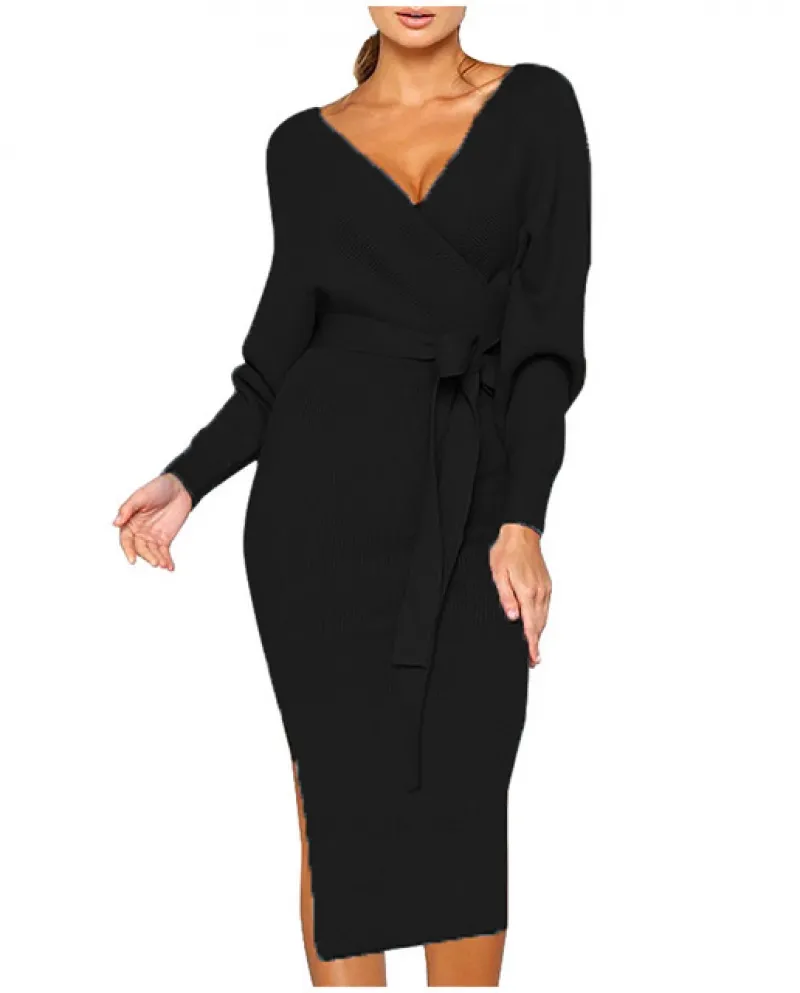 Maglioni lavorati a maglia neri con scollo a V Abito da donna Elegante manica a pipistrello Tie Up Abiti aderenti Maniche a pipi