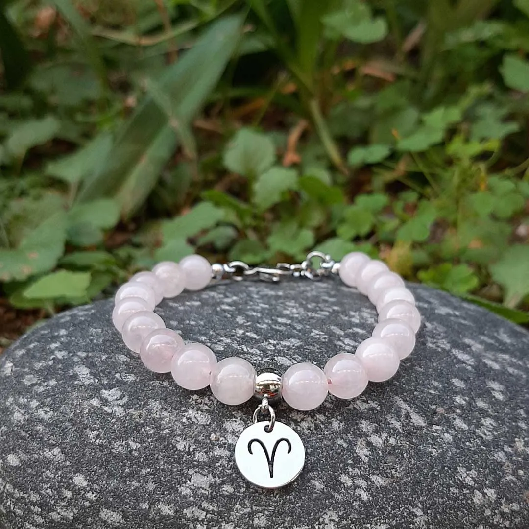 QUARZO ROSA SEGNI ZODIACALI  - Bracciale regolabile in acciaio inossidabile e pietre naturali da 8 mm