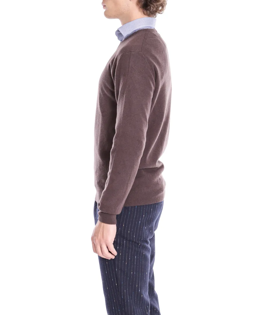 Scollo V unito in merinos e cachemire marrone  | WOOL & CO