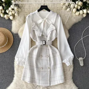 Set di abiti eleganti autunnali per donna Camicia a maniche lunghe in seta con cravatta + Abiti midi in tweed A Line con cintura
