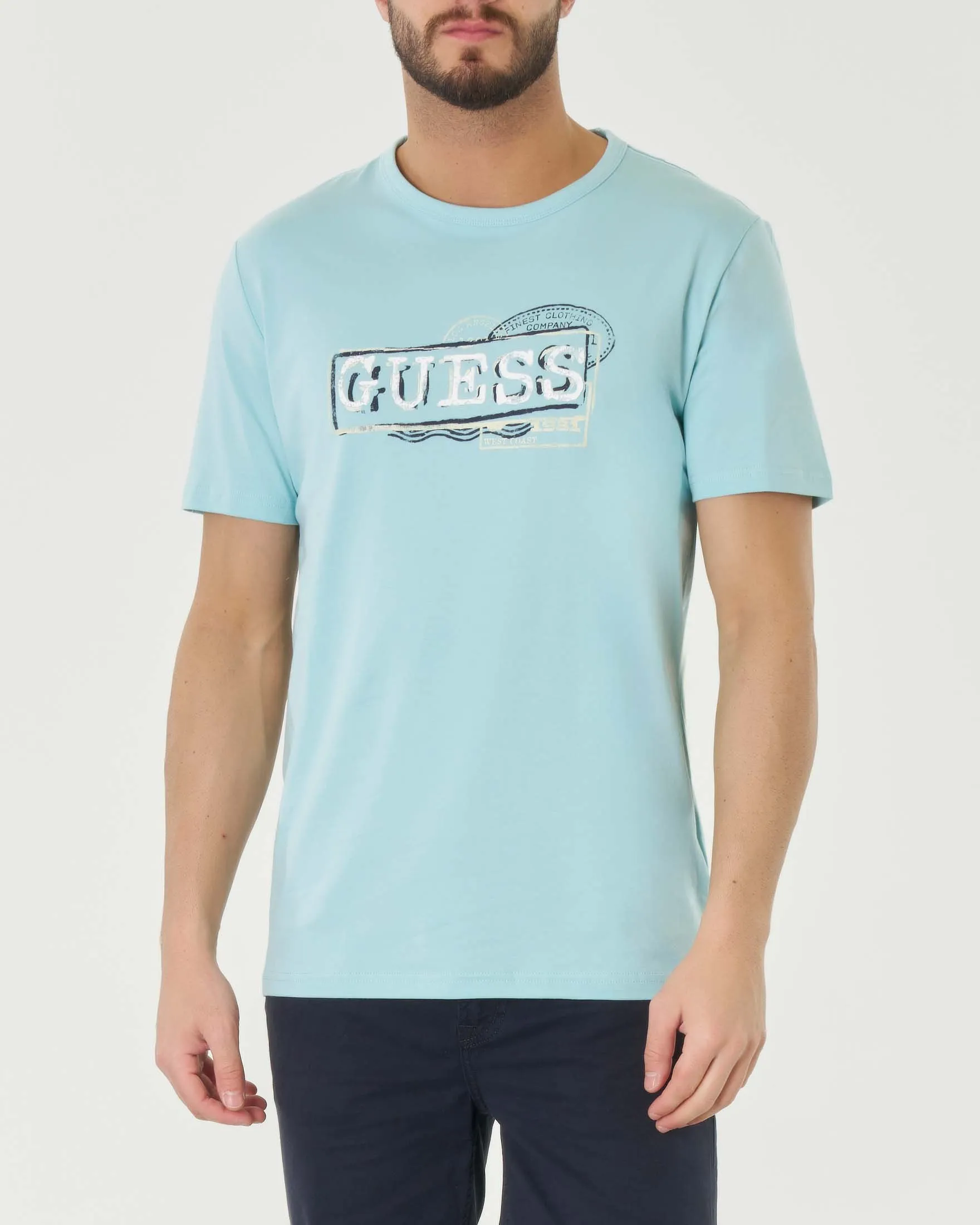 T-shirt acqua mezza manica in cotone stretch con stampa logo grafico