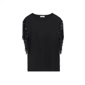 T-Shirt Frange Con Paillettes, Nero